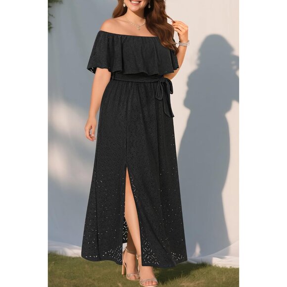 Women Plus Size Summer Dress Off Shoulder Eyelet Maxi with Pockets - Picture 3 of 6